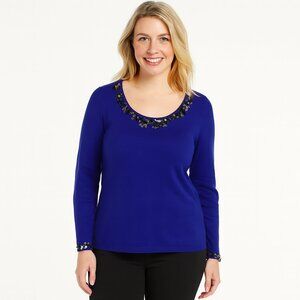 Ruby Rd. Cobalt Blue Embellished Sweater | Sparkle Scoop Neck | Size M